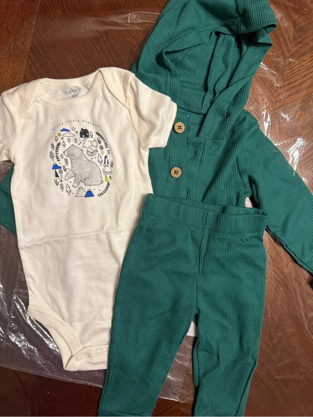 Carter's baby boy Green Hooded Ribbed 3-Piece and Maroon Bear Print Zip Romper